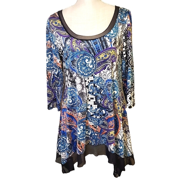 FROM THE HEART | Women's multi-color & pattern cascade-hem dress. Size medium. - Picture 1 of 6